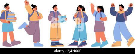 Back to school, kids students with backpacks and textbooks stand in row, boy and girls pupils reading books, education, learning and studying concept Stock Vector