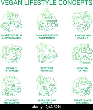 Vegan lifestyle green gradient concept icons set Stock Vector