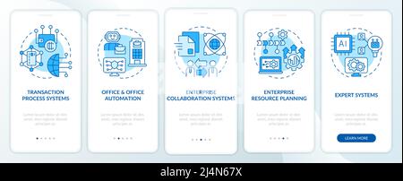 Variety of information systems blue onboarding mobile app screen Stock Vector