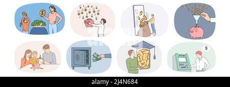 Set of diverse people saving money for future needs. Collection of persons collect coins and banknotes make investment. Banking and finance concept. Credit and deposit. Flat vector illustration.  Stock Vector