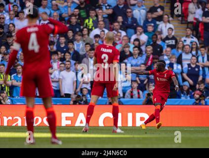 London, UK. 17th Apr, 2022. Liverpool's Sadio Mane celebrates scoring during the FA Cup semifinal match between Manchester City and Liverpool in London, Britain, on April 16, 2022. Liverpool won 3-2 and advanced to the final. Credit: Xinhua/Alamy Live News Stock Photo