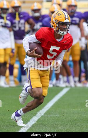 Baton Rouge, LA, USA. 16th Apr, 2022. LSU quarterback Jayden Daniels (5) scrambles out of the pocket during the final week of spring football practice at Tiger Stadium in Baton Rouge, LA. Jonathan Mailhes/CSM/Alamy Live News Stock Photo