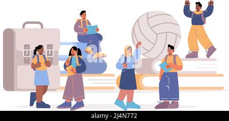 Diverse students kids studying, back to school, education concept. Multiracial pupils at huge book piles, sport ball and backpack children read, learn Stock Vector