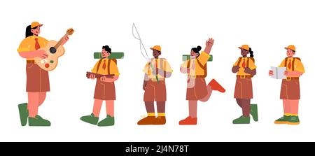 Kids scouts in uniform and woman teacher with guitar isolated on white background. Vector flat illustration of hiking kids in summer camp, boys and gi Stock Vector