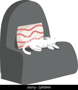 Armchair with cushion and white cat semi flat color vector object Stock Vector
