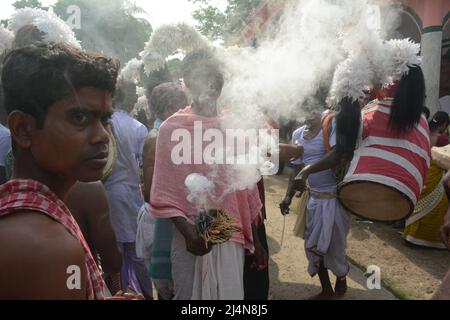 Santiniketan, West Bengal, India. 16th Apr, 2022. Dharma Thakur is a Hindu deity, symbolising the sun, some say it is a Hindu deity of death and justice, worshipped by villagers in the traditional Rarh region in the present-day Indian state of West Bengal as one of their special village gods (gram devata). Dharmaraja or Dharma Thakur was originally a non-Aryan god and a deity of the Kom tribe but was later elevated to the Vedic pantheon. Dharma Thakur is associated with agricultural and human fertility. Magical beliefs and rituals merge with Vedic rites in his worship. He is worshipped mainly Stock Photo