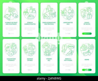 Vegan lifestyle green gradient onboarding mobile app screen set Stock Vector