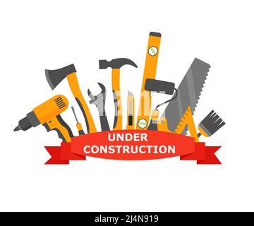 Construction and building equipment banner. saw ax level, painter brush hammer wrench screwdriver. illustration in flat style. Eps 10 Stock Vector