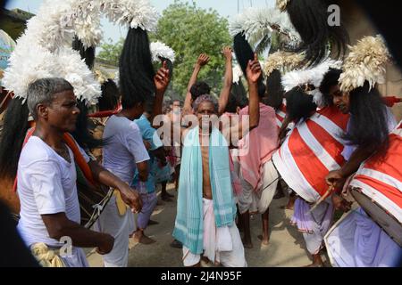 Santiniketan, West Bengal, India. 16th Apr, 2022. Dharma Thakur is a Hindu deity, symbolising the sun, some say it is a Hindu deity of death and justice, worshipped by villagers in the traditional Rarh region in the present-day Indian state of West Bengal as one of their special village gods (gram devata). Dharmaraja or Dharma Thakur was originally a non-Aryan god and a deity of the Kom tribe but was later elevated to the Vedic pantheon. Dharma Thakur is associated with agricultural and human fertility. Magical beliefs and rituals merge with Vedic rites in his worship. He is worshipped mainly Stock Photo