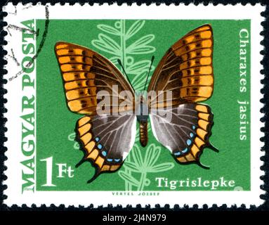 HUNGARY - CIRCA 1969: Postage stamp printed in Hungary, depiction of Two-tailed Pasha butterfly (Charaxes jasius), circa 1969 Stock Photo