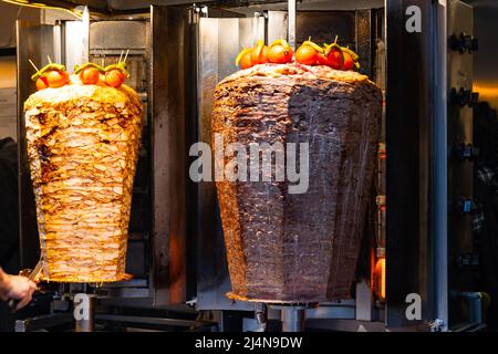 Doner kebab. Doner kebabs in a fastfood restaurant in Istanbul. Turkish street food. Stock Photo