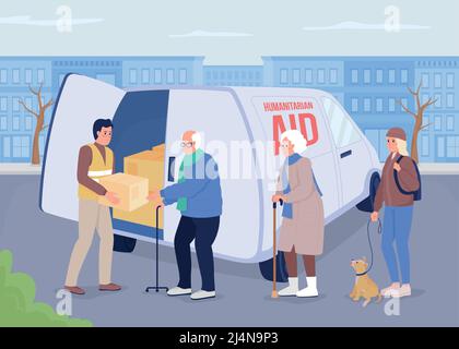 Delivering humanitarian relief flat color vector illustration Stock Vector