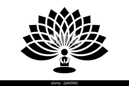 Silhouette of man sitting on a lotus flower background, Flower of Life. Sacred Geometry. Symbol of Harmony and Balance. Sign of purity. Seventh Chakra Stock Vector