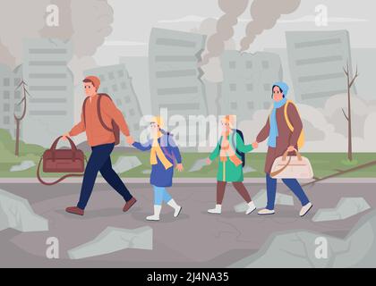 Leaving war-torn city due to military conflict flat color vector illustration Stock Vector