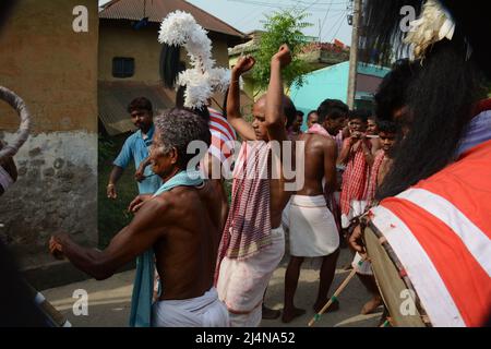 Santiniketan, West Bengal, India. 16th Apr, 2022. Dharma Thakur is a Hindu deity, symbolising the sun, some say it is a Hindu deity of death and justice, worshipped by villagers in the traditional Rarh region in the present-day Indian state of West Bengal as one of their special village gods (gram devata). Dharmaraja or Dharma Thakur was originally a non-Aryan god and a deity of the Kom tribe but was later elevated to the Vedic pantheon. Dharma Thakur is associated with agricultural and human fertility. Magical beliefs and rituals merge with Vedic rites in his worship. He is worshipped mainly Stock Photo