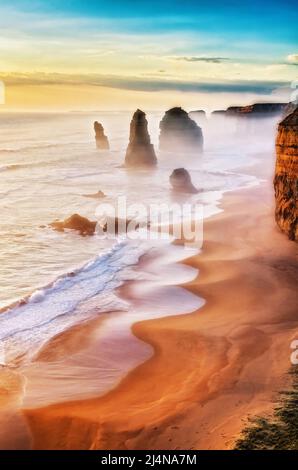 Sea mist surrounding the Twelve Apostles, Shipwreck Coast, Great Ocean Road, Victoria, Australia Stock Photo