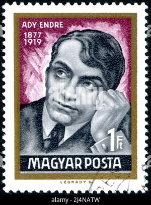 HUNGARY - CIRCA 1969: Postage stamp printed in Hungary, showing portrait of Endre Ady, a Hungarian poet and journalist, circa 1969 Stock Photo