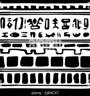 Egyptian black white border, abstract tribal vector repeat seamless pattern, ink aged effect. Illustration contains rectangles, hand drawn splatter el Stock Vector