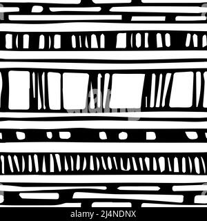 Black white abstract hand drawn vector repeat seamless border pattern. Ink effect, scribble illustration contains rectangles, line elements, shapes, m Stock Vector
