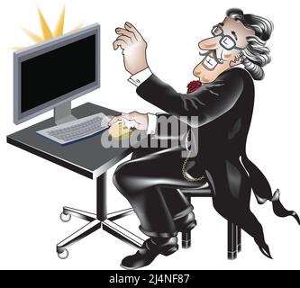 Smiling pianist in a tuxedo suit working on a computer at his office desk. Stock Vector