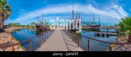 Replicas of Columbus ships Nina, Pinta and Santa Maria at Muelle de las Carabelas in Spain Stock Photo