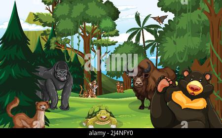 Forest scene with various wild animals illustration Stock Vector