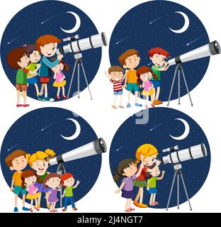 Set of different kids looking through telescope at night illustration Stock Vector