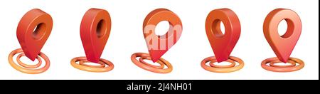 Realistic shiny red map pointers set in various angles. Map pointer 3d pin. Location symbols. 3d render. Stock Photo
