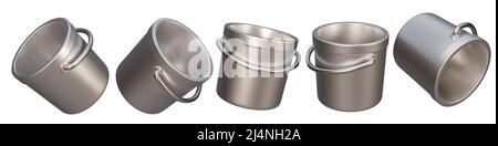 Metal Buckets Set Pail with Handle. Paint can, tin bucket or renovation works isolated on white background, Realistic 3d render. Stock Photo