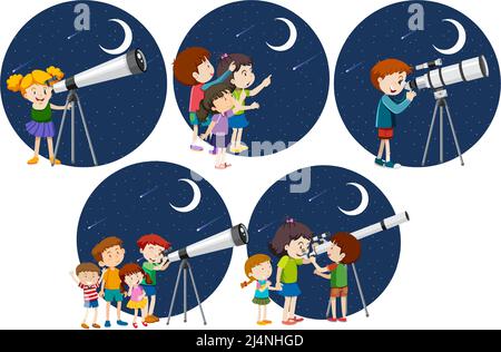 Set of different kids looking through telescope at night illustration Stock Vector