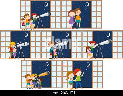 Set of different kids observe night sky with telescope illustration Stock Vector