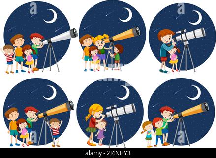 Set of different kids looking through telescope at night illustration Stock Vector