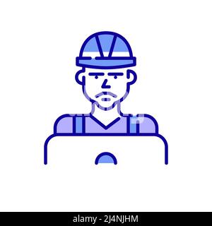 Construction worker using laptop. Pixel perfect, editable stroke color icon Stock Vector