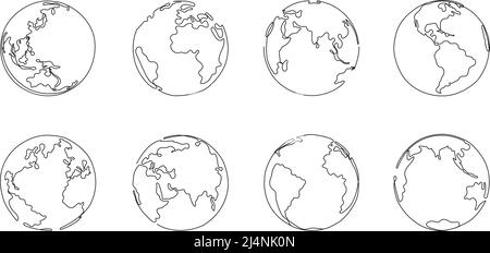 One line globe. Planet earth, global map sketch and hand drawn world globes vector illustration set