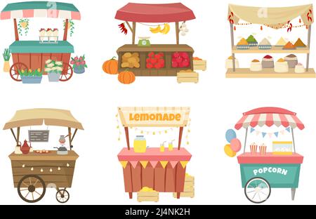 Outdoor market stalls. Grocery street fair, local flowers stall and coffee point vector illustration set Stock Vector