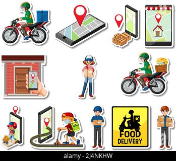 Sticker set of delivery objects and cartoon characters illustration Stock Vector