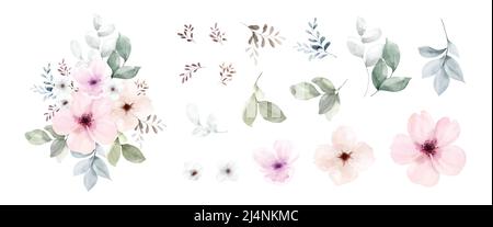 Set of floral bouquet watercolor elements isolated on white background. Botanical illustration collection of flower, leaves, and branches. Stock Vector