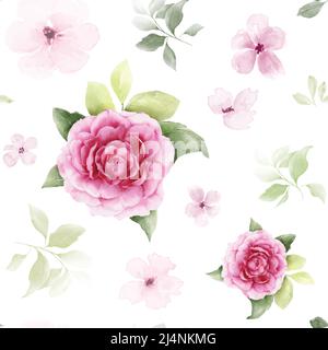 Seamless pattern with hand-painted watercolor bouquets of pink roses and leaves. Botanical pattern vector suitable for decorating wedding backgrounds, Stock Vector