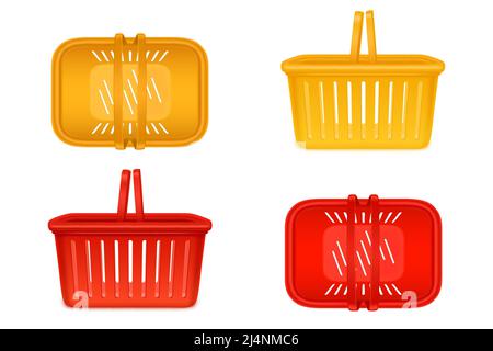 Shopping baskets, empty supermarket plastic carts with handles. Isolated customers equipment for purchasing in retail shop top and side view, grocery Stock Vector