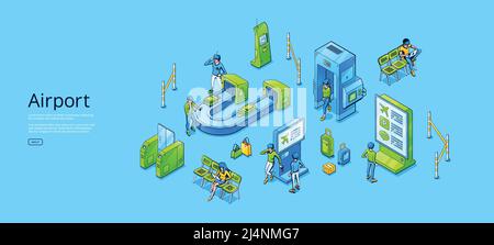 Airport isometric web banner with passengers waiting area, pass control with conveyor belt and baggage scanner, luggage detector, turnstile, security Stock Vector