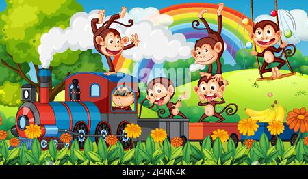 Monkeys riding the train in garden illustration Stock Vector
