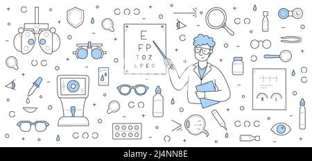 Ophthalmology background with doctor ophthalmologist check vision with eye test chart. Vector hand drawn illustration of man optometrist, glasses, dro Stock Vector