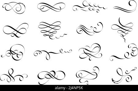 Calligraphy flourish. Letter swirl, pointed pen lettering ornaments and calligraphic lines vector set Stock Vector