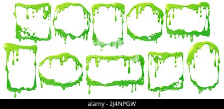 Frames of liquid green slime flows, dripping poison goo. Vector cartoon set of borders different shapes from fluid mucus drops and sticky ooze splatte Stock Vector