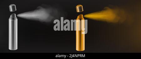 Spray, mist splash from aerosol bottle. Vector realistic illustration of 3d silver and gold atomizer can with jet of water, deodorant, insecticide or Stock Vector