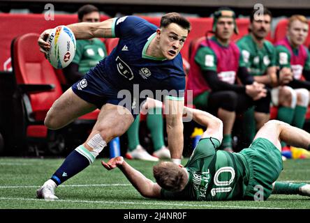 Vancouver, Canada. 16th Apr, 2022. Team Scotland's Jordan Edmunds (L) and Team Ireland Terry Kennedy compete during their Pool D match at the HSBC World Rugby Sevens in Vancouver, Canada, April 16, 2022. Credit: Andrew Soong/Xinhua/Alamy Live News Stock Photo