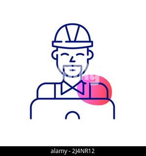 Smiling young professional working at laptop. Software engineer in hard hat. Pixel perfect, editable stroke line art icon Stock Vector