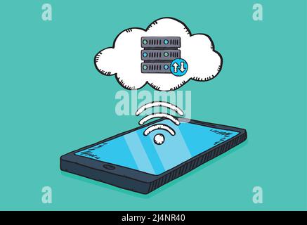 Vector illustration of mobile phone with a connection to a cloud server. Sketch style illustration. Stock Vector