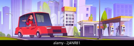 Girl driver on car refueling station, gas refill, gasoline filling service. Woman sitting in automobile near petrol shop building facade, fuel selling Stock Vector