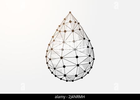 Water drop 3d low poly symbol with connected dots. Droplet, raindrop design vector illustration. Oil drop polygonal wireframe Stock Vector